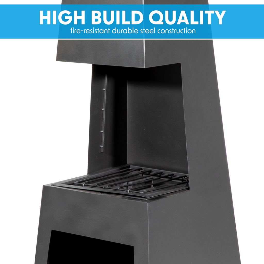 Dellonda Pyramid Outdoor Chiminea with Firewood Storage Black Steel