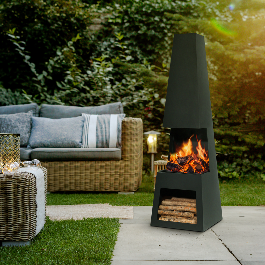 Dellonda Pyramid Outdoor Chiminea with Firewood Storage Black Steel