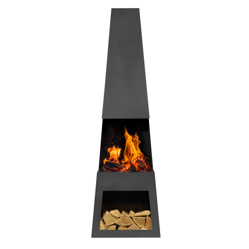 Dellonda Pyramid Outdoor Chiminea with Firewood Storage Black Steel