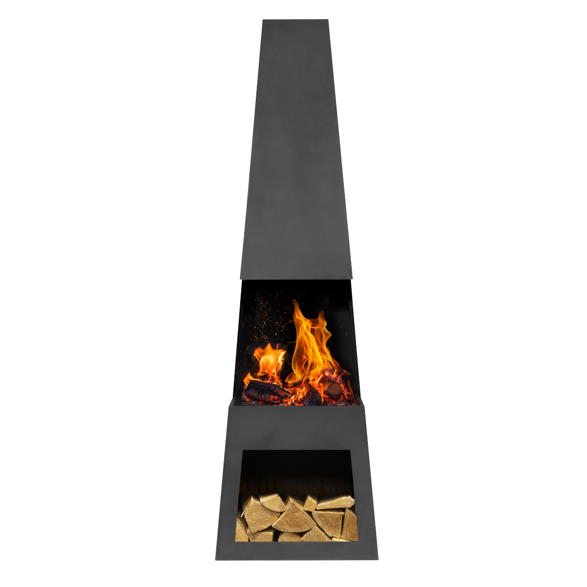 Dellonda Pyramid Outdoor Chiminea with Firewood Storage Black Steel