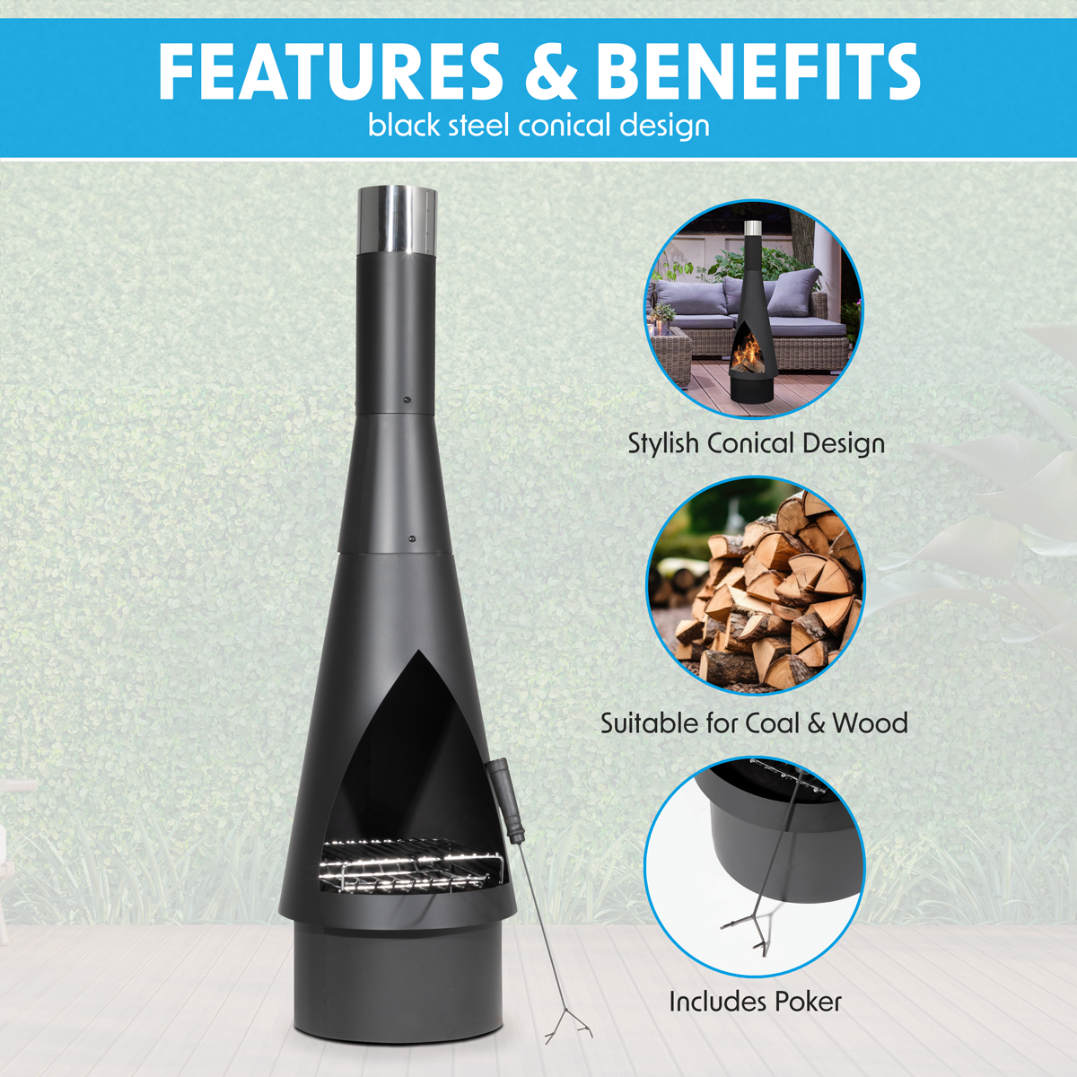 Dellonda Conical Outdoor Chiminea, Black Steel (DG109)