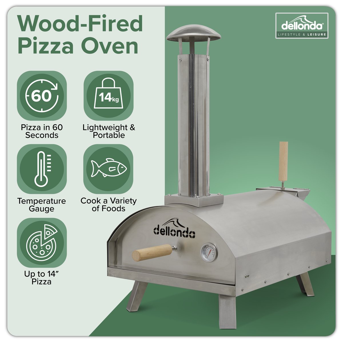 Dellonda Wood-Fired Pizza Oven with Cover 14", Stainless Steel (DG219)