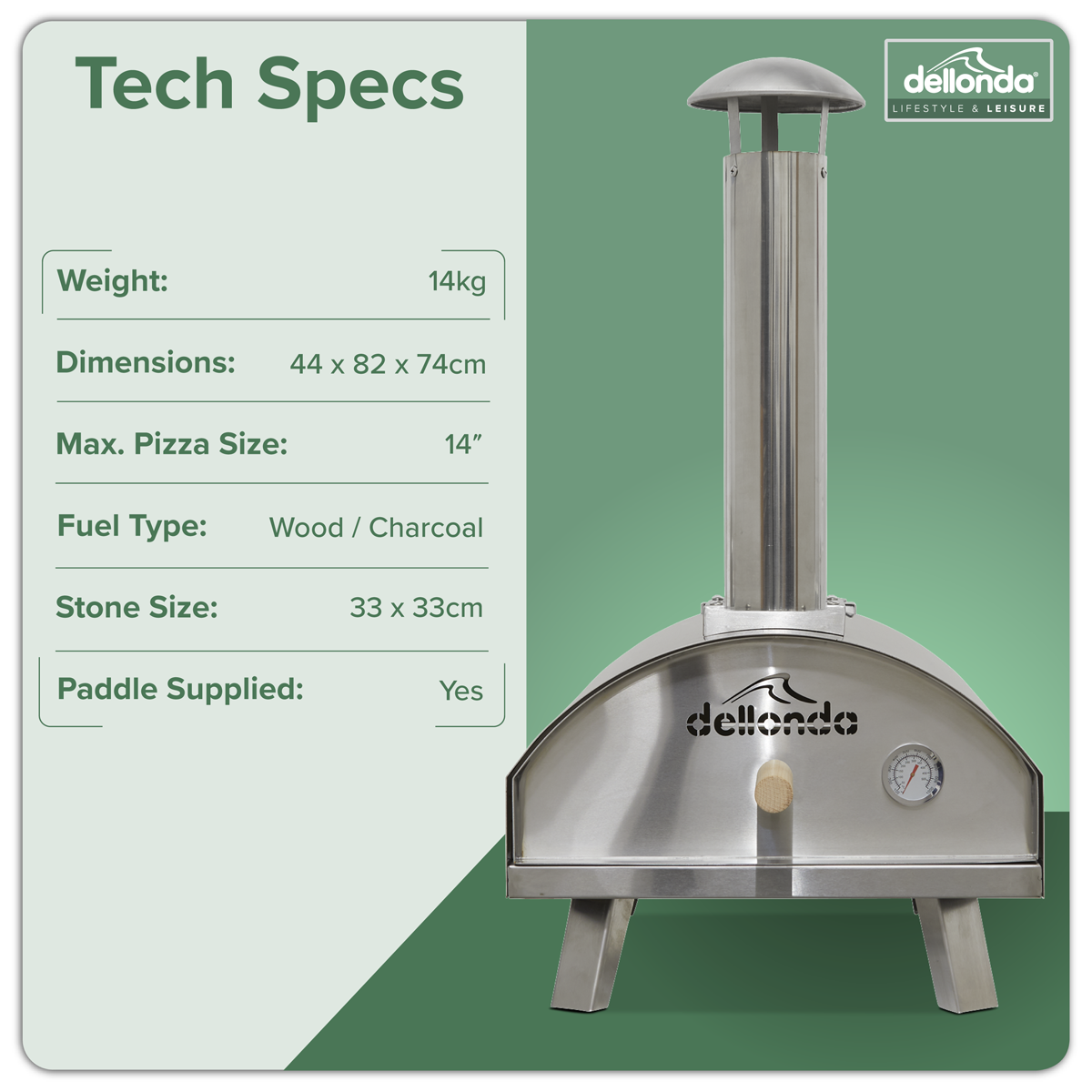 Dellonda Wood-Fired Pizza Oven with Cover & Trolley 14", Stainless Steel (DG259)