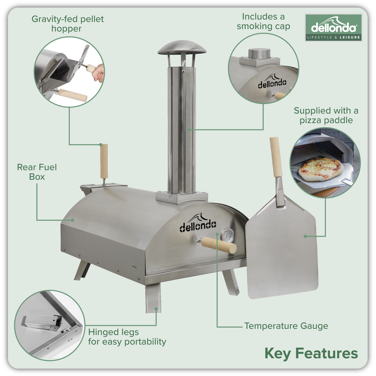 Dellonda Wood-Fired Pizza Oven with Cover & Trolley 14", Stainless Steel (DG259)