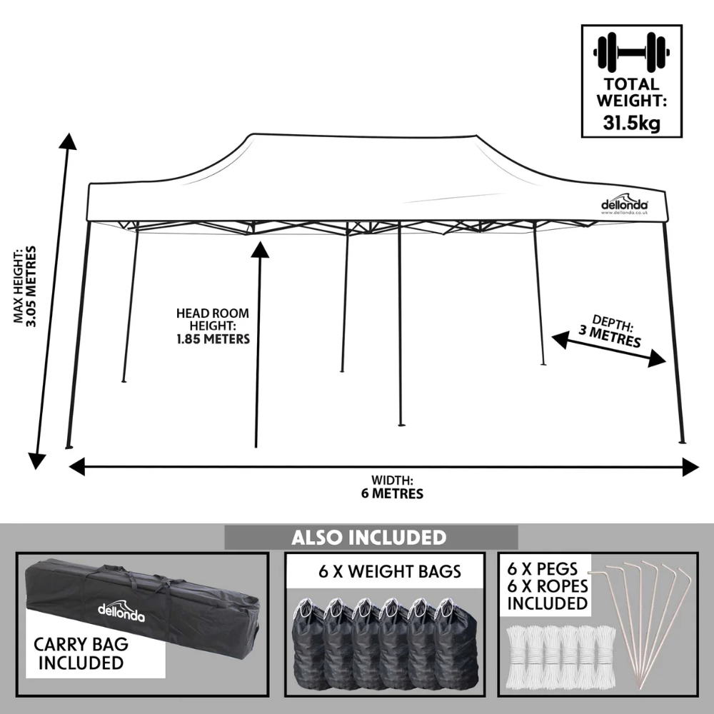 Dellonda DG138 DG139 DG140 DG141 Premium Pop Up Gazebo, Outdoor Garden Water Resistant Cover, 3m x 6m