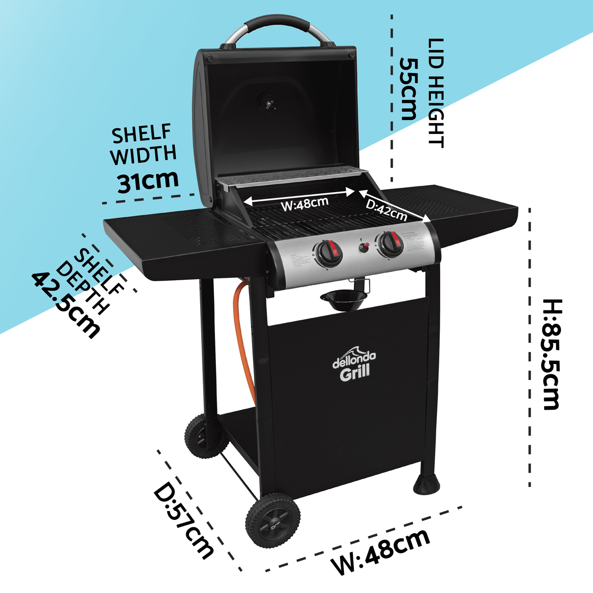 Dellonda 2 Burner Gas BBQ Grill, Piezo Ignition & Thermometer, Black (DG13)