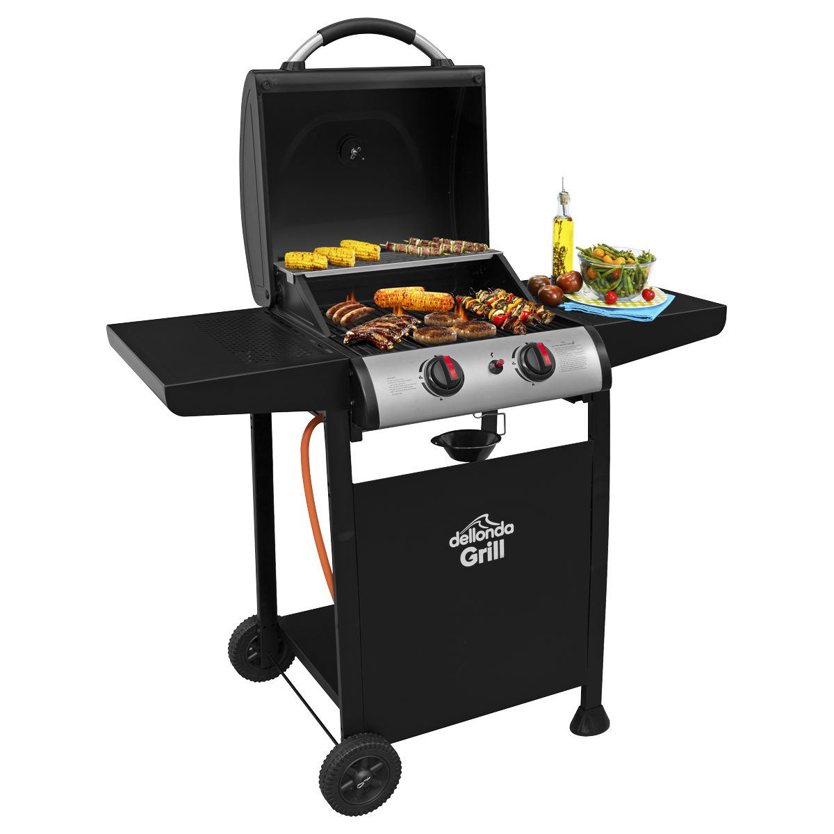 Dellonda 2 Burner Gas BBQ Grill, Piezo Ignition & Thermometer, Black (DG13)