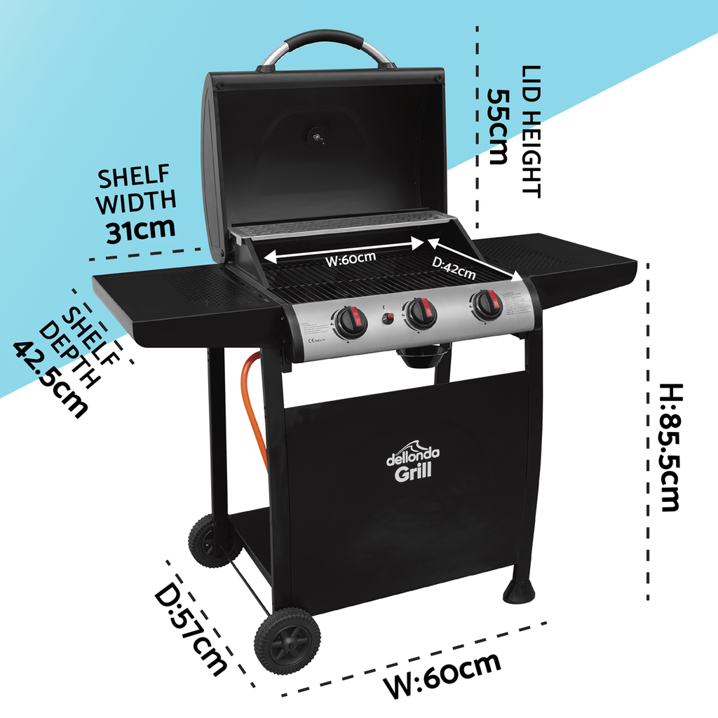Dellonda 3 Burner Gas BBQ Grill, Ignition & Thermometer, Black (DG14) (Factory Refurbished A)