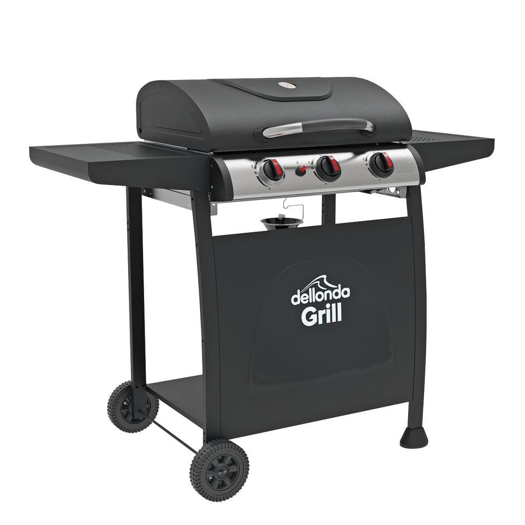 Dellonda 3 Burner Gas BBQ Grill, Ignition & Thermometer, Black (DG14) (Factory Refurbished A)