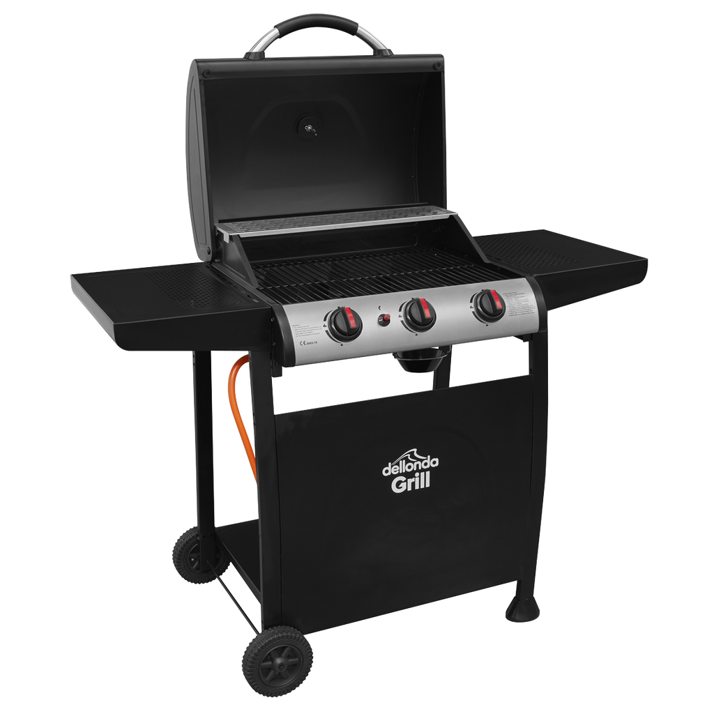 Dellonda 3 Burner Gas BBQ Grill, Ignition & Thermometer, Black (DG14) (Factory Refurbished A)