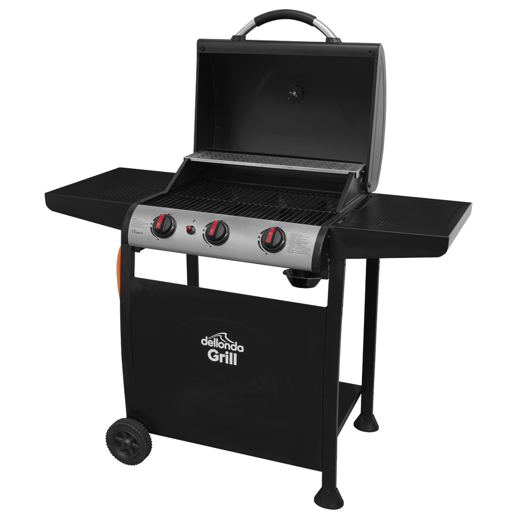 Dellonda 3 Burner Gas BBQ Grill, Ignition & Thermometer, Black (DG14) (Factory Refurbished A)