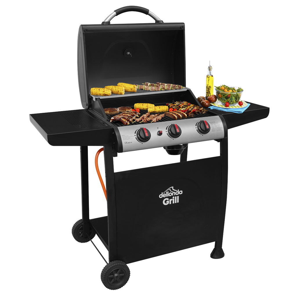 Dellonda 3 Burner Gas BBQ Grill, Ignition & Thermometer, Black (DG14) (Factory Refurbished A)