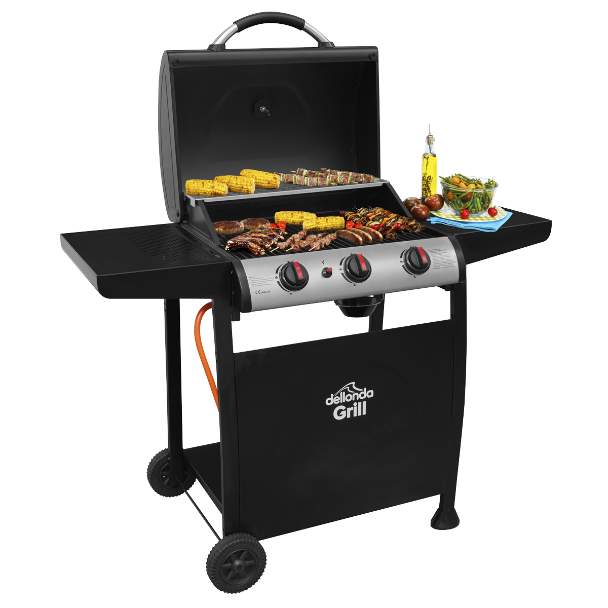 Dellonda 3 Burner Gas BBQ Grill, Ignition & Thermometer, Black (DG14) (Factory Refurbished A)