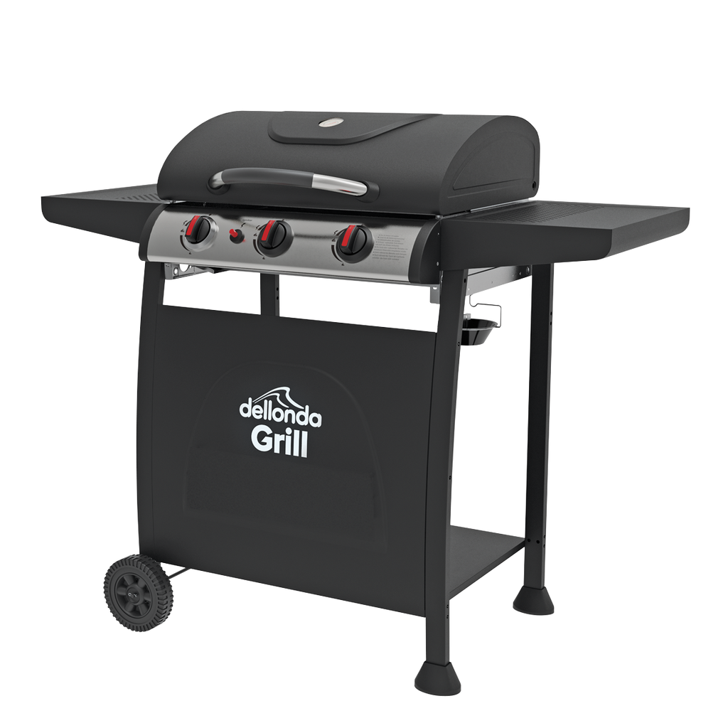 Dellonda 3 Burner Gas BBQ Grill, Ignition & Thermometer, Black (DG14) (Factory Refurbished A)