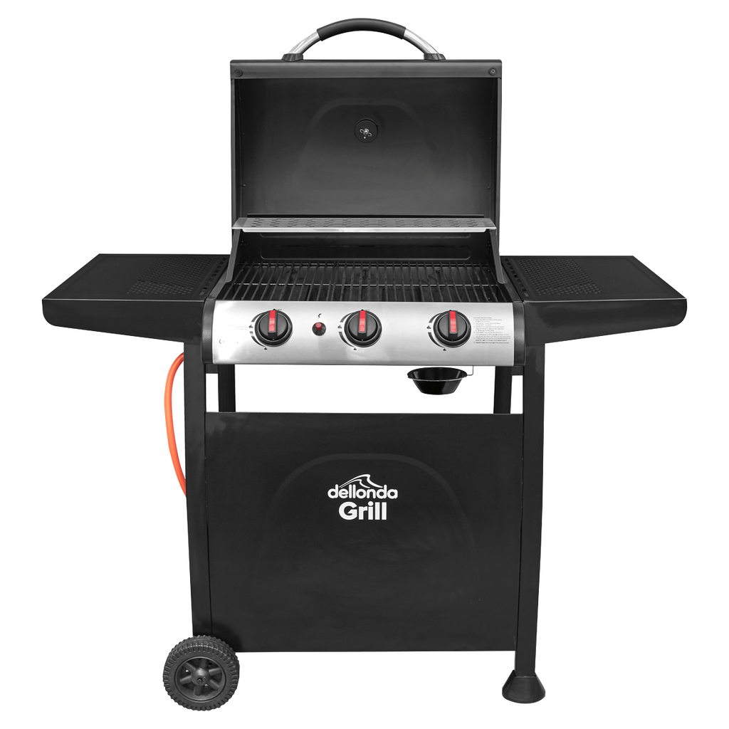 Dellonda 3 Burner Gas BBQ Grill, Ignition & Thermometer, Black (DG14) (Factory Refurbished A)