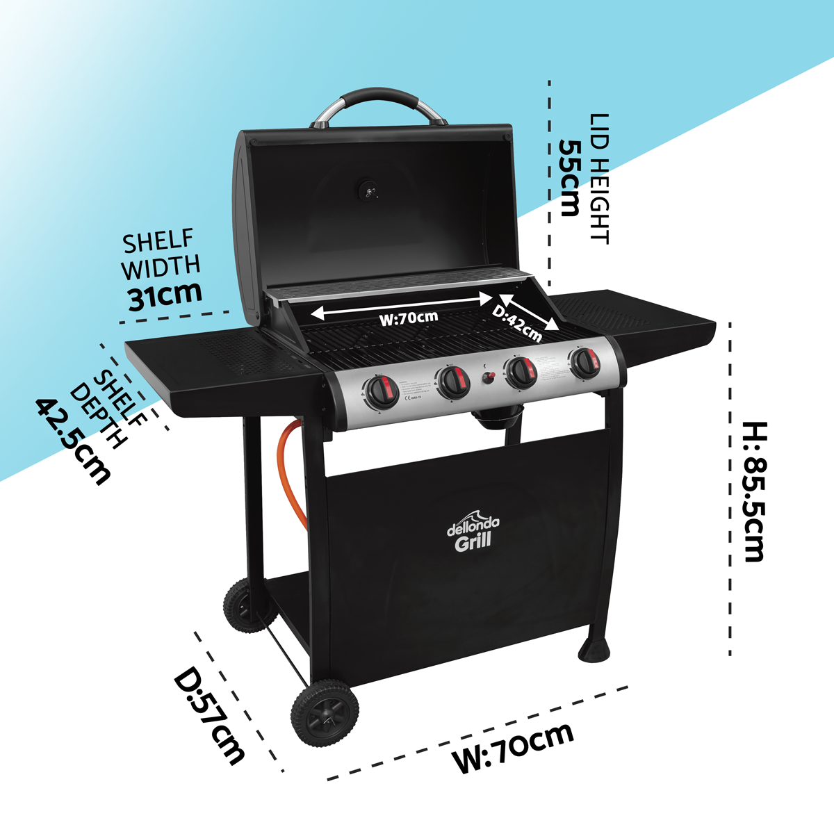 Dellonda 4 Burner Gas BBQ Grill, Piezo Ignition & Thermometer, Black (DG15) (Factory Refurbished A)