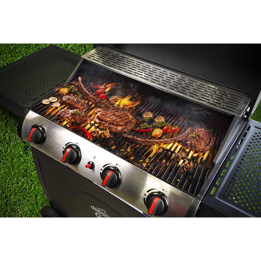 Dellonda 4 Burner Gas BBQ Grill, Piezo Ignition & Thermometer, Black (DG15) (Factory Refurbished A)