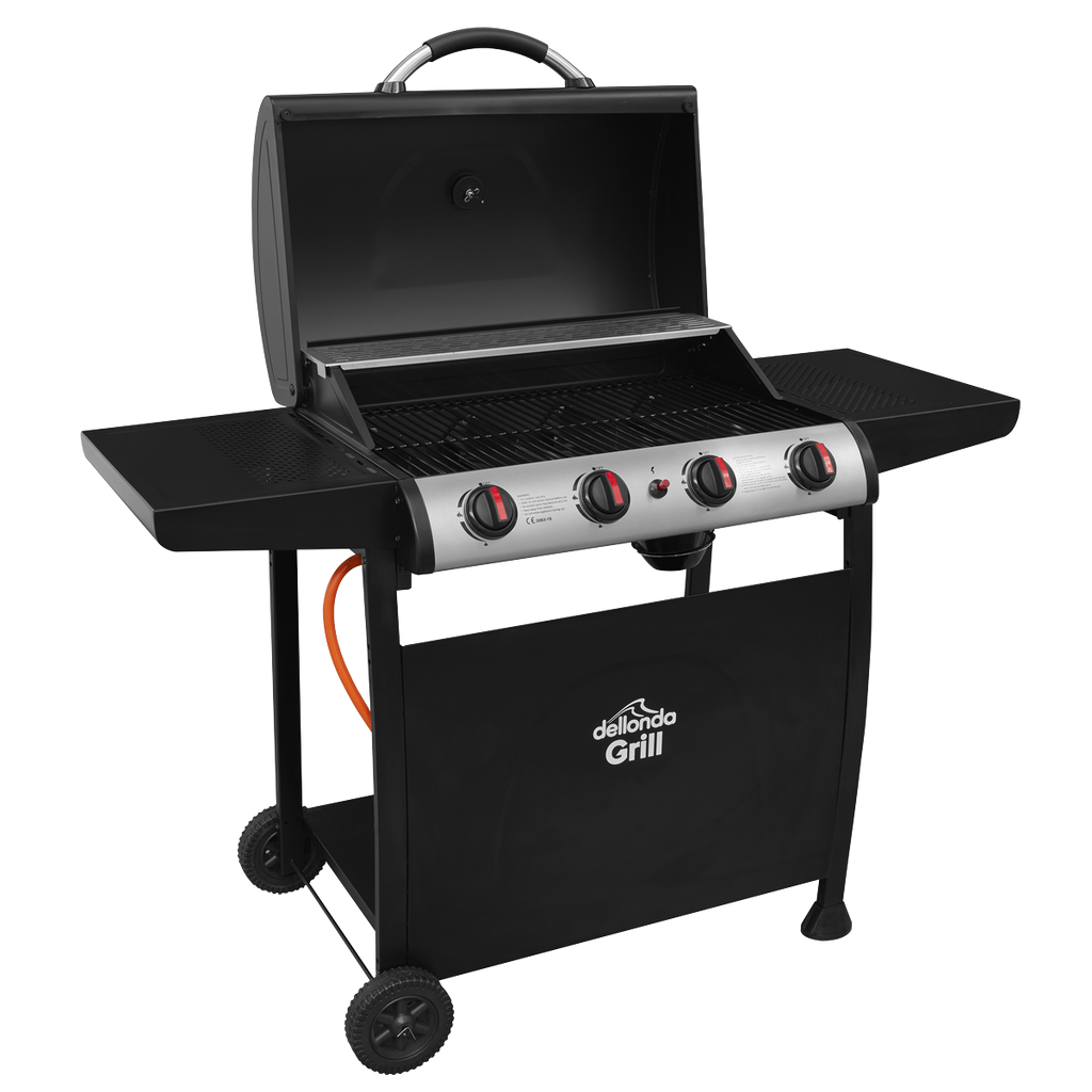 Dellonda 4 Burner Gas BBQ Grill, Piezo Ignition & Thermometer, Black (DG15) (Factory Refurbished A)