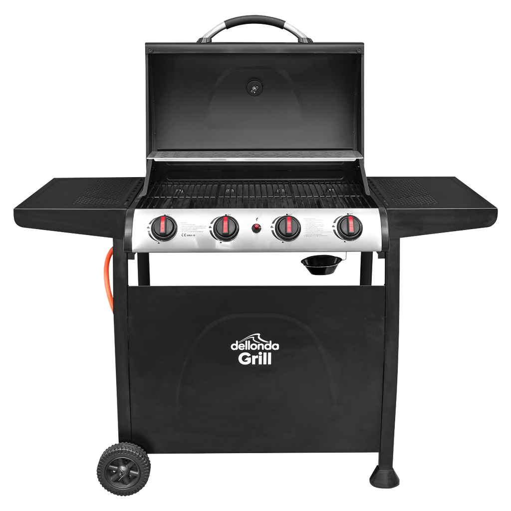 Dellonda 4 Burner Gas BBQ Grill, Piezo Ignition & Thermometer, Black (DG15) (Factory Refurbished A)
