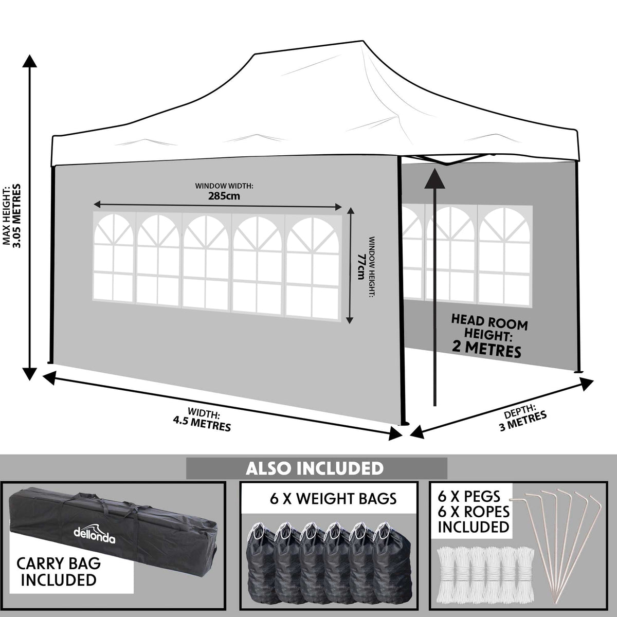Dellonda Premium Pop-Up Gazebo & Side Walls, Water Resistant, 3x4.5m, Grey (DG171)