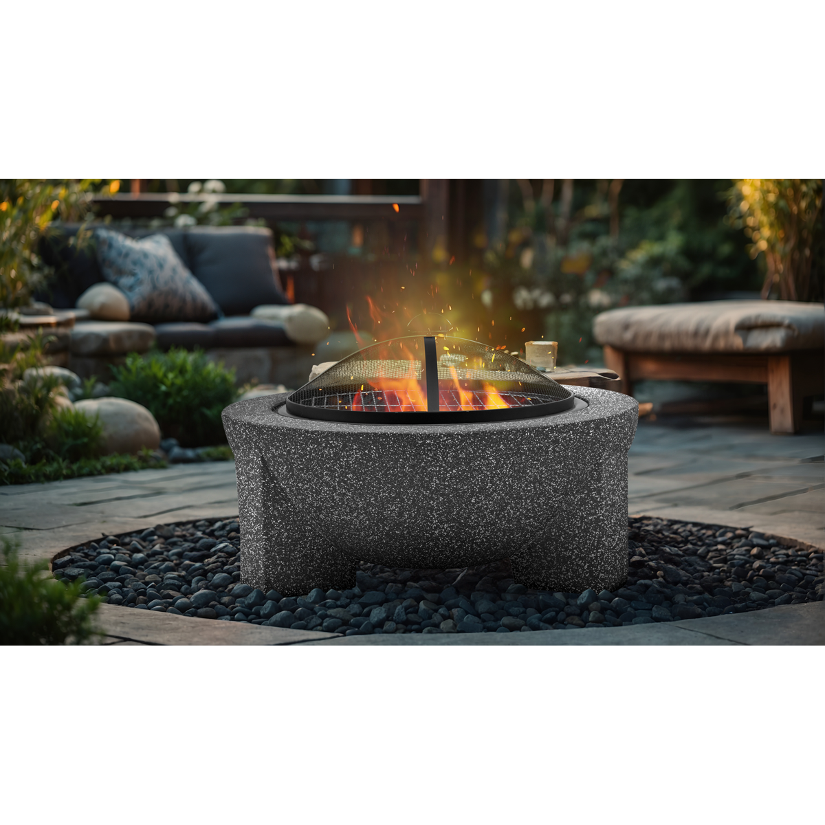 Dellonda Round MgO Fire Pit with BBQ Grill, Ø75cm, Dark Grey (DG191) (Factory Refurbished A)