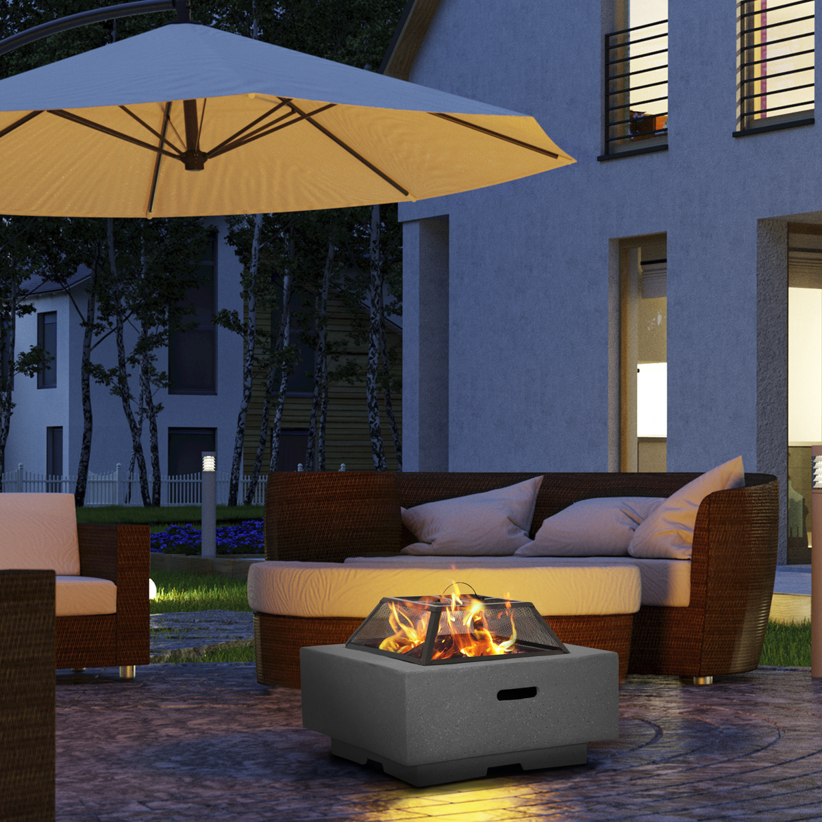 Dellonda Square MgO Fire Pit with BBQ Grill 64cm, Dark Grey (DG193)