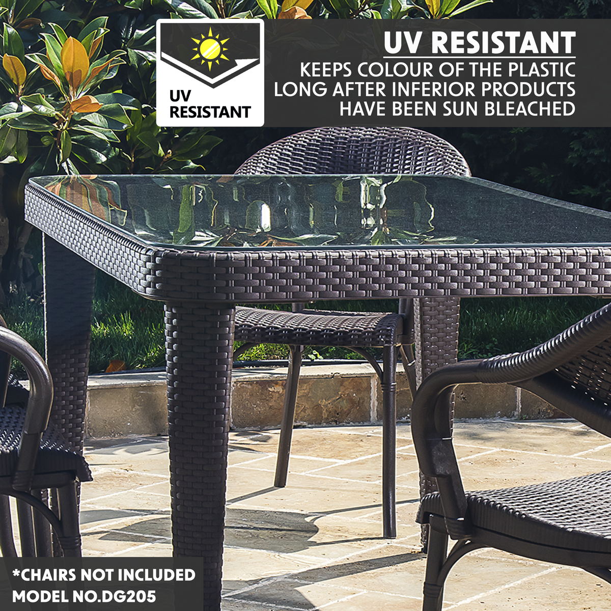 Dellonda Weather-Resistant Polypropylene/Fibreglass Dining Table with Tempered Glass Top - Dark Brown