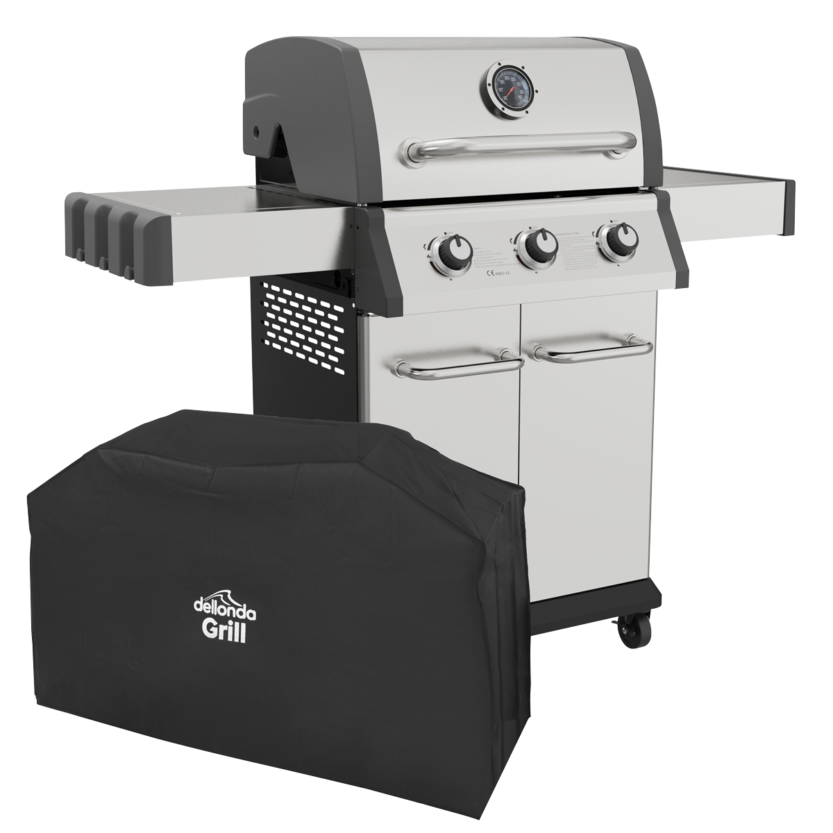 Dellonda 3 Burner Deluxe Gas BBQ Grill with Piezo Ignition & Thermometer & Cover - Stainless Steel