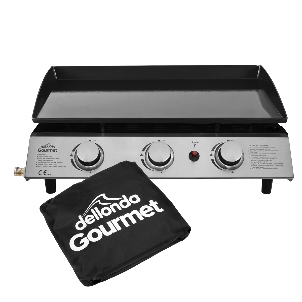 Dellonda 3 Burner Portable Gas Plancha & Cover 7.5kW, Stainless Steel (DG233)