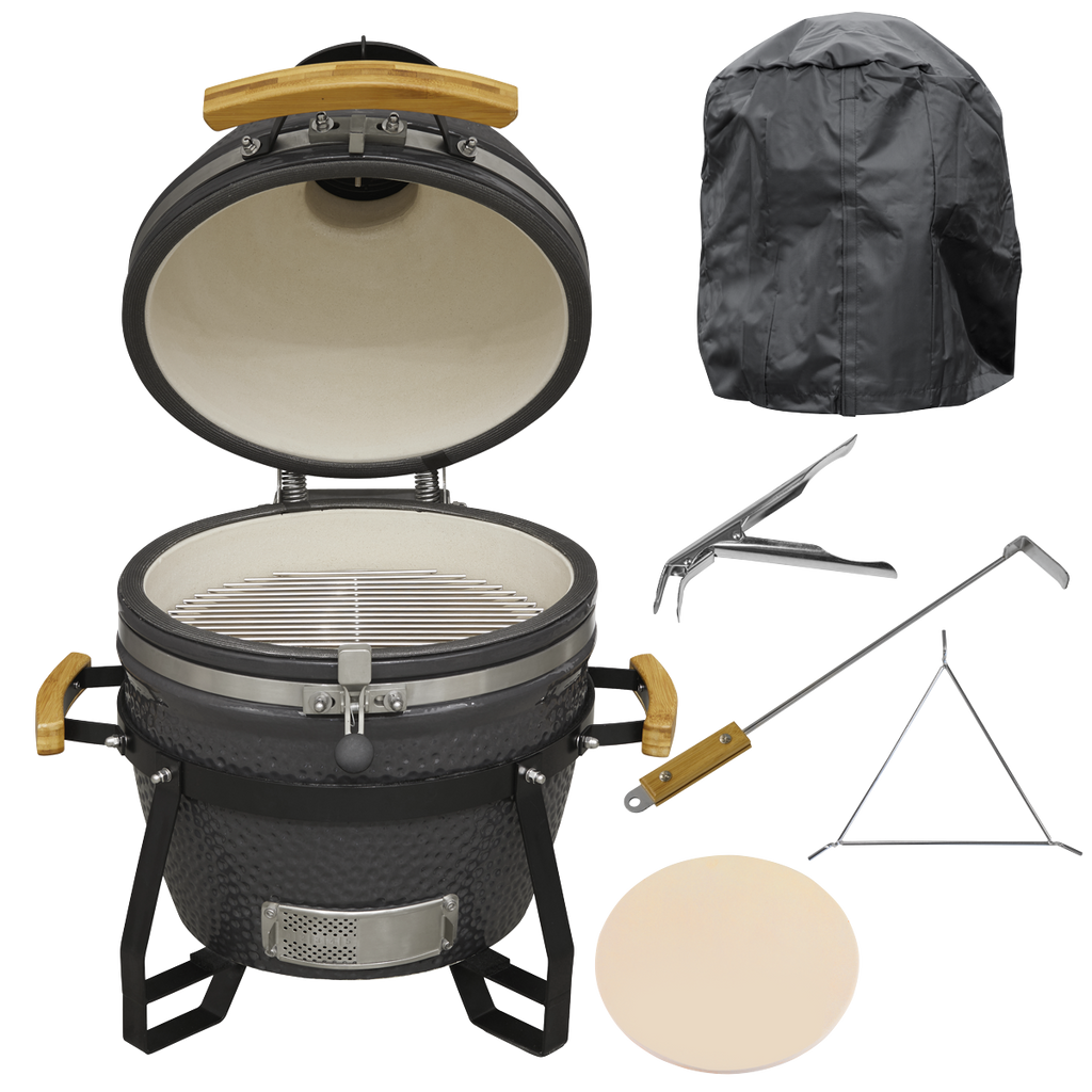 Dellonda Deluxe 16"(40cm) Ceramic Kamado Style BBQ, Cover, Grid Gripper, Heat Deflector & Heat Deflector Support