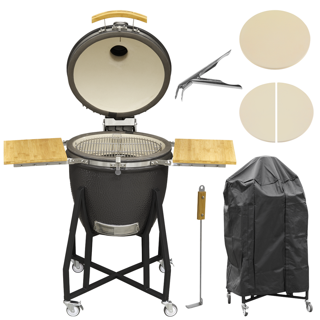 Dellonda Deluxe 22"(56cm) Ceramic Kamado Style BBQ, Cover, Grid Gripper, Heat Deflector & Heat Deflector Support