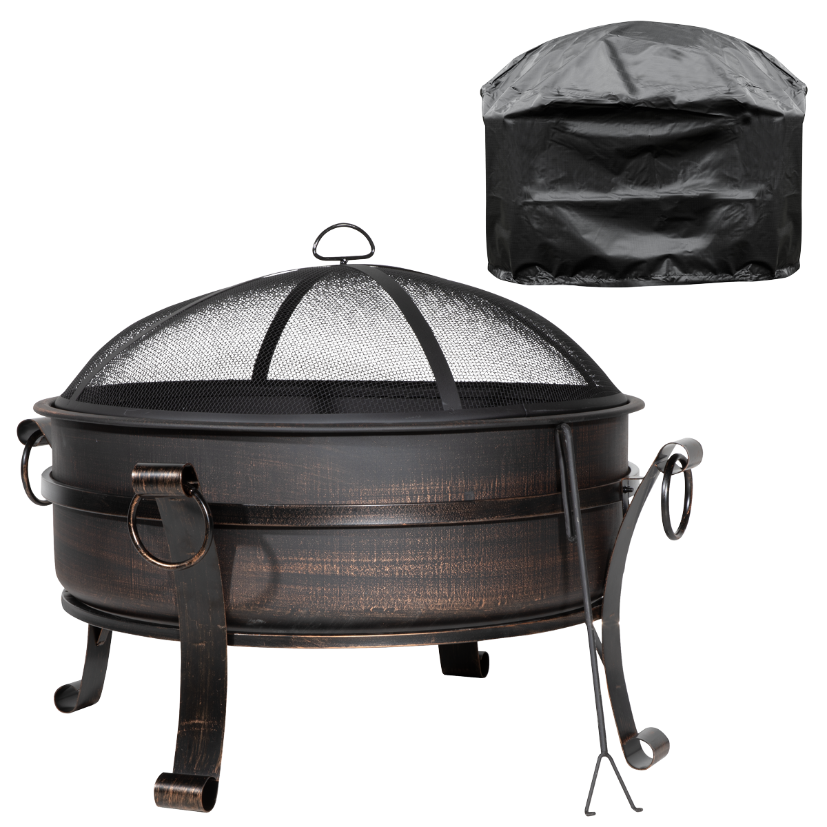 Dellonda Deluxe 2-in-1 Outdoor Fire Pit/Coffee Table with Drawstring Cover 93cm Antique Bronze Effect