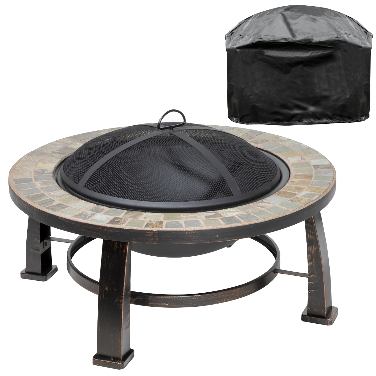 Dellonda 30" Deluxe Traditional Style Fire Pit, Fireplace, Outdoor Heater with Fire Poker , Safety Mesh Screen & Drawstring Cover - Slate Top