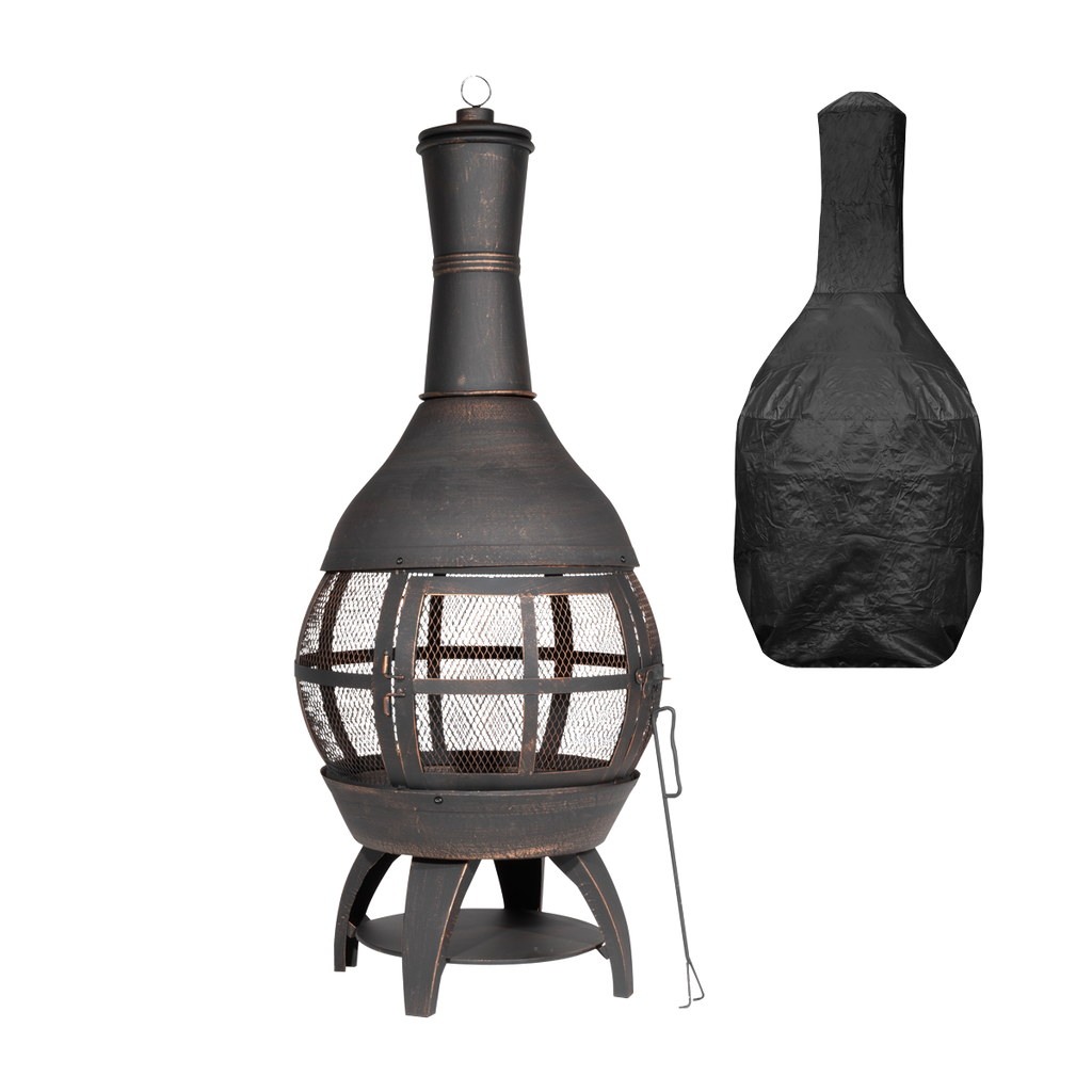 Dellonda Deluxe 360° Chiminea/Fire Pit/Outdoor Heater with Fire Poker & Water-Resistant Drawstring Cover - Antique Bronze Finish - DG241
