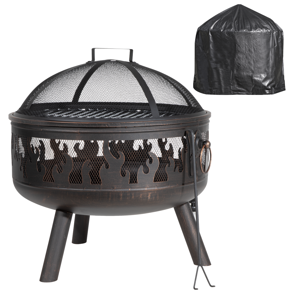 Dellonda Deluxe 24" Fire Pit, Fireplace, Outdoor Patio Heater, Decoration Rings, Supplied with Cooking Grill, Safety Screen, Poker & Cover