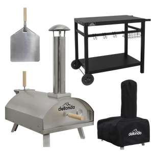 Dellonda Wood-Fired Pizza Oven, Pizza Peel, Cover & Plancha Trolley 14" - Stainless Steel