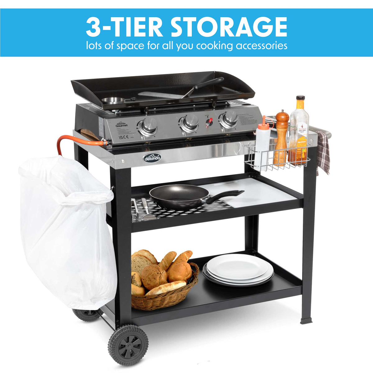 Dellonda BBQ/Plancha Trolley with Utensil Holder, Stainless Steel Top (DG263)