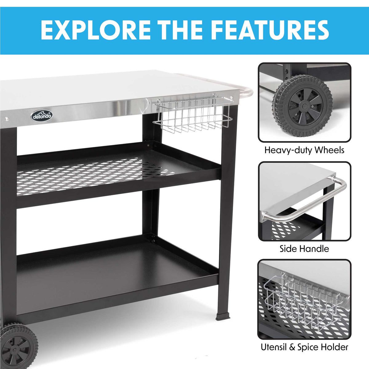 Dellonda BBQ/Plancha Trolley with Utensil Holder, Stainless Steel Top (DG263)
