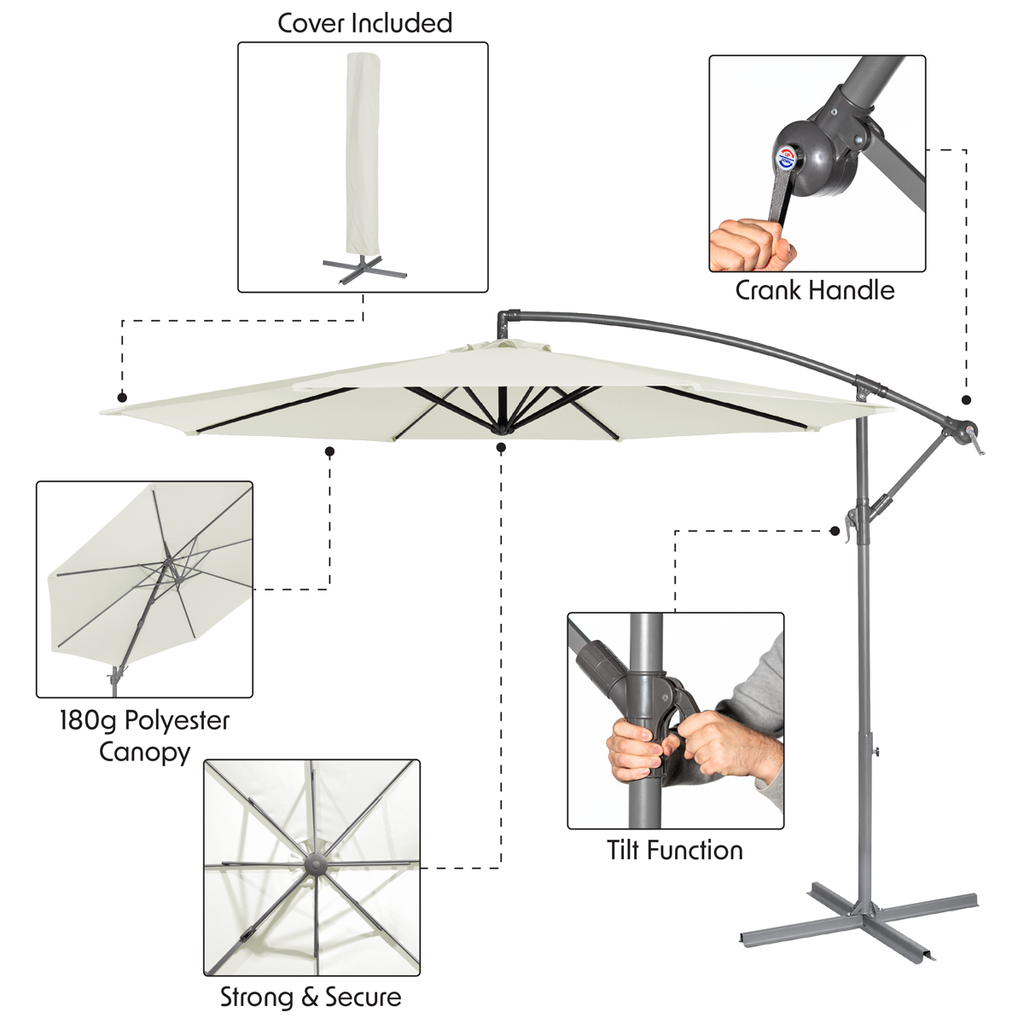 Dellonda Banana Parasol with Cover & Base 3m, Cream (DG271)