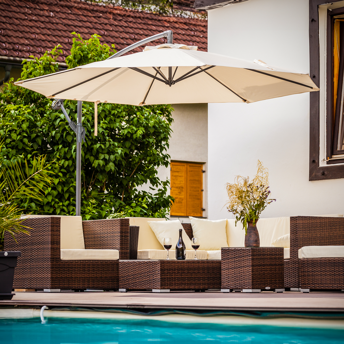 Dellonda Banana Parasol with Cover & Base 3m, Cream (DG271)