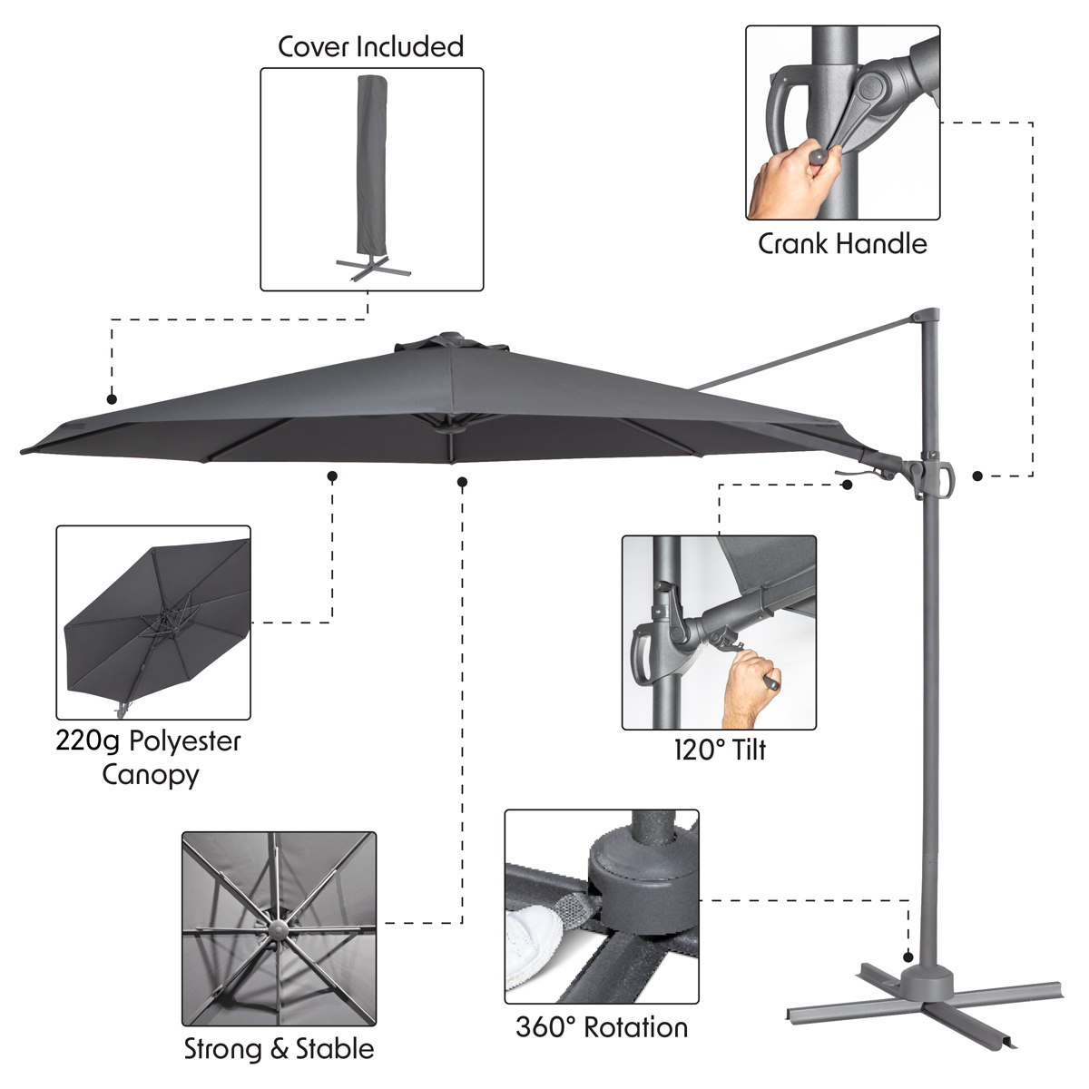 Dellonda Cantilever Parasol with Cover 3m, 360° Rotation, Grey (DG267) (Factory Refurbished B)