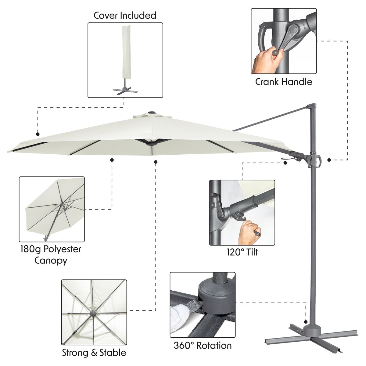 Dellonda Cantilever Parasol 3m 360 Rotation Cream