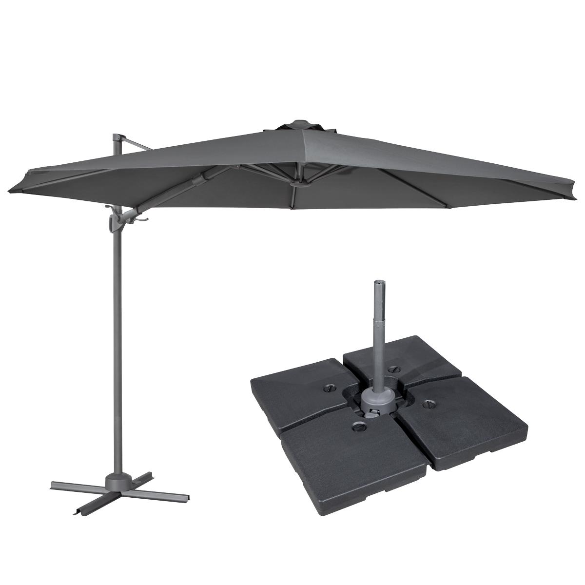 Dellonda Cantilever Parasol with 360° Rotation, Tilt, Cover & Base 3m - Grey