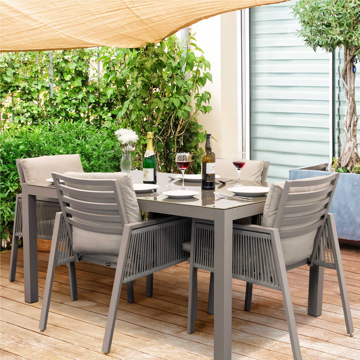 Dellonda Fusion 5-Piece Aluminium Outdoor Dining Set with Tempered Glass, Grey (DG275)