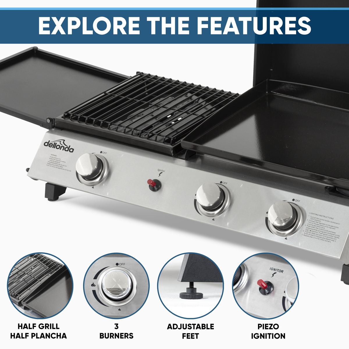 Dellonda 3 Burner Portable Gas Plancha/Grill 8.5kW, Stainless Steel (DG276)
