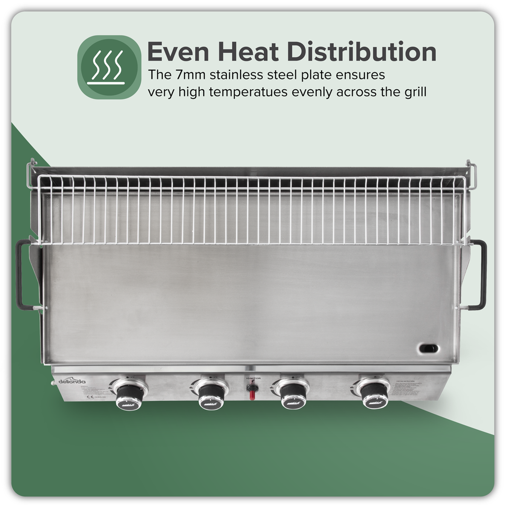 Dellonda 4 Burner Stainless Steel Portable Gas Plancha with Warming Rack 10kW