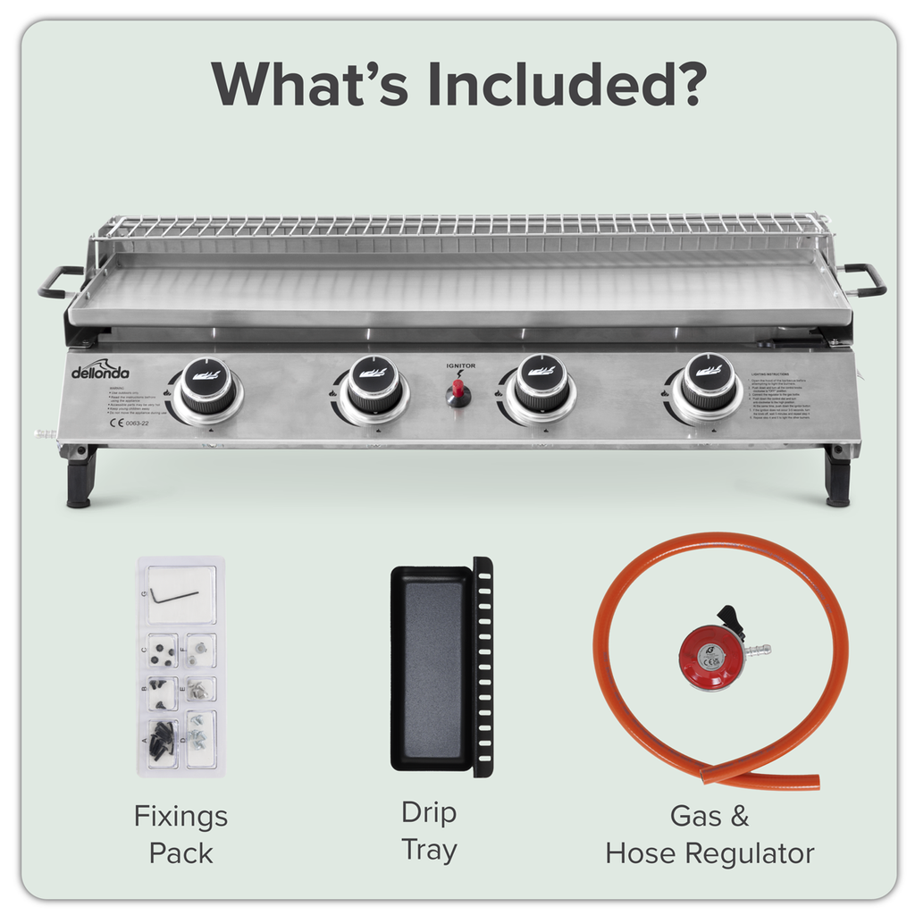 Dellonda 4 Burner Stainless Steel Portable Gas Plancha with Warming Rack 10kW