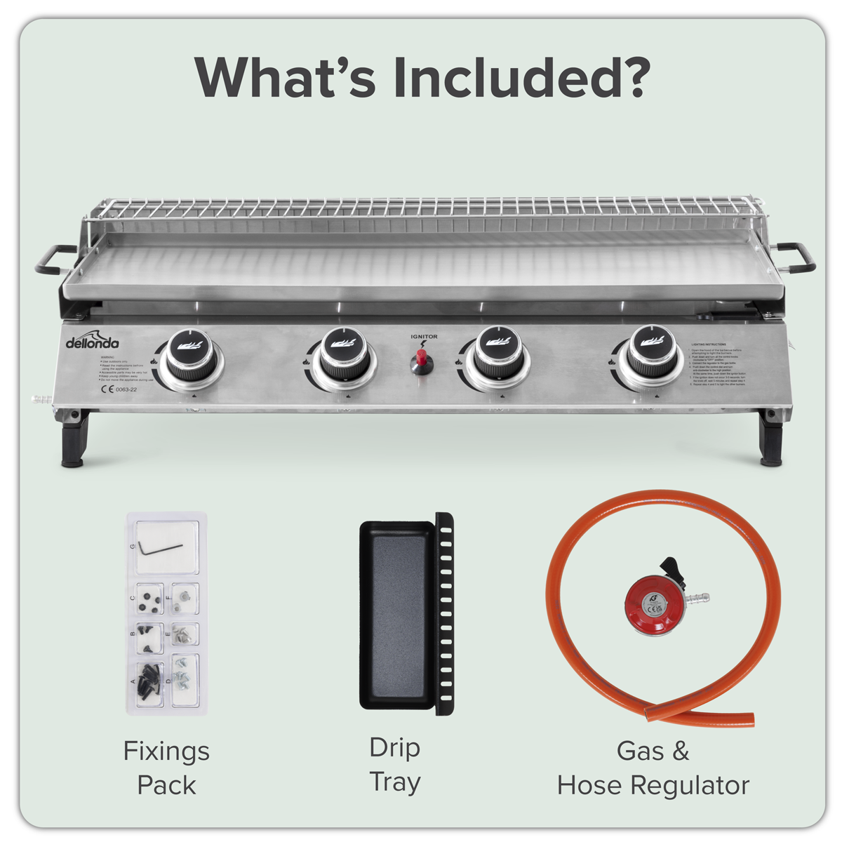 Dellonda 4 Burner Stainless Steel Portable Gas Plancha with Warming Rack 10kW