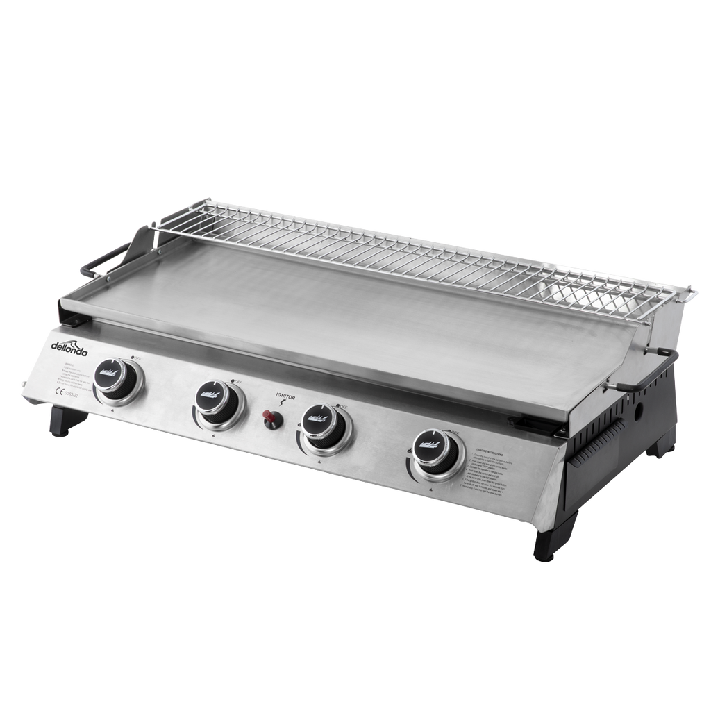 Dellonda 4 Burner Stainless Steel Portable Gas Plancha with Warming Rack 10kW