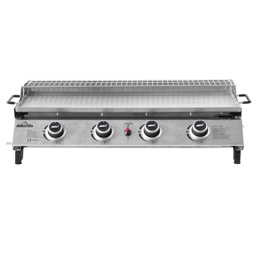 Dellonda 4 Burner Stainless Steel Portable Gas Plancha with Warming Rack 10kW